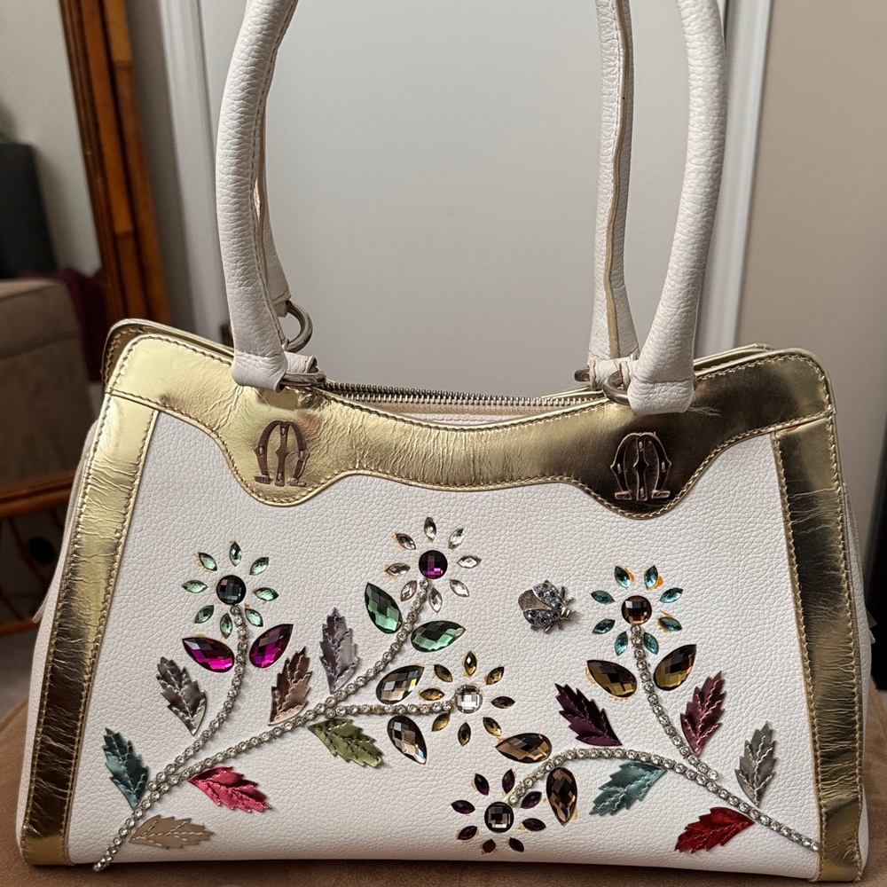 Vintage Michel Angelo Chic White and Gold Floral Embellished Shoulder Bag